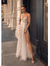 Beaded Straps Ivory Glitter Tulle Slit Wedding Dress